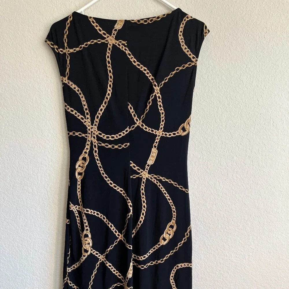 Lauren Ralph Lauren Dress Women sz 6 Black Gold Chain Print Classic Old Money - Picture 4 of 10